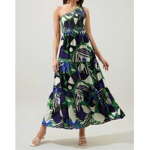 Sugarlips Xandria Geometric Smocked One Shoulder Tiered Maxi Dress Blue Green S